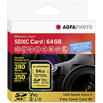 64GB AgfaPhoto 10621 Pro Highspeed R280/W250 SDXC V90 UHS-II U3 Class 10