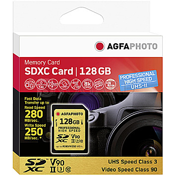 128GB AgfaPhoto 10622 Pro Highspeed R280/W250 SDXC V90 UHS-II U3 Class 10