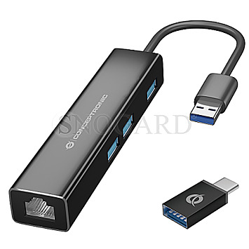 Conceptronic DONN07BA USB-Hub 3 Port USB-C->USB-A 3.0/Gigabit LAN Adapter