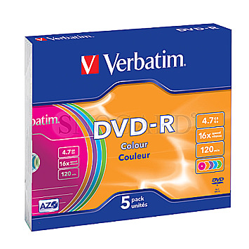 Verbatim 43557 DVD-R 4.7GB 16x Geschwindigkeit 5er Colour Slimcase