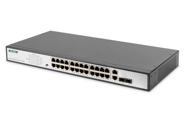 Digitus 24-Port Gigabit PoE Netzwerkswitch, 19 Zoll, unmanaged, 2 Uplink Ports, SFP, 370 W, af/at