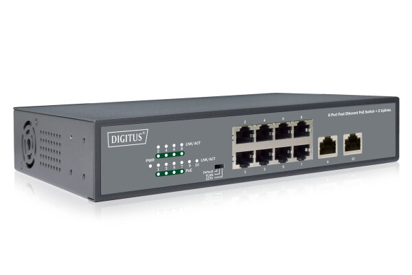 Digitus 8-Port Fast Ethernet PoE Switch, 19 Zoll, Unmanaged, 2 Uplinks