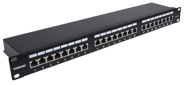 Intellinet 24-Port Cat6a Patchpanel, geschirmt, FTP, 1 HE, Klemmleisten mit 90 Grad abgewinkelten Kabeleinführungen, schwarz