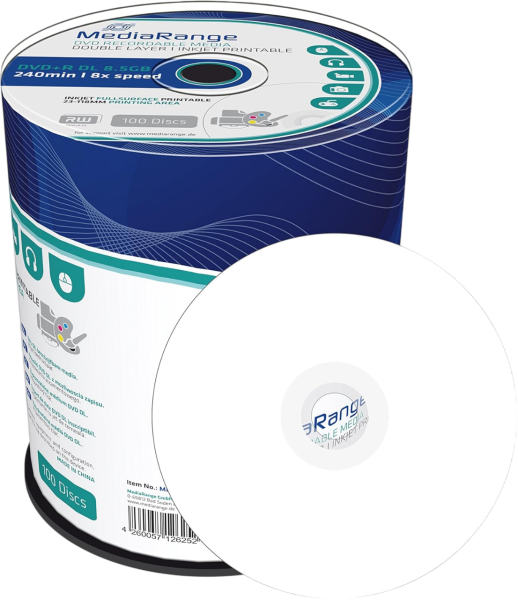 MediaRange DVD+R DL Double Layer 8x Speed Cake-Box 100 Stück printable Rohlinge voll bedruckbar
