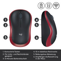 LOGI M185 Wireless Red Optisch, RF Wireless, 1000 DPI, Rot