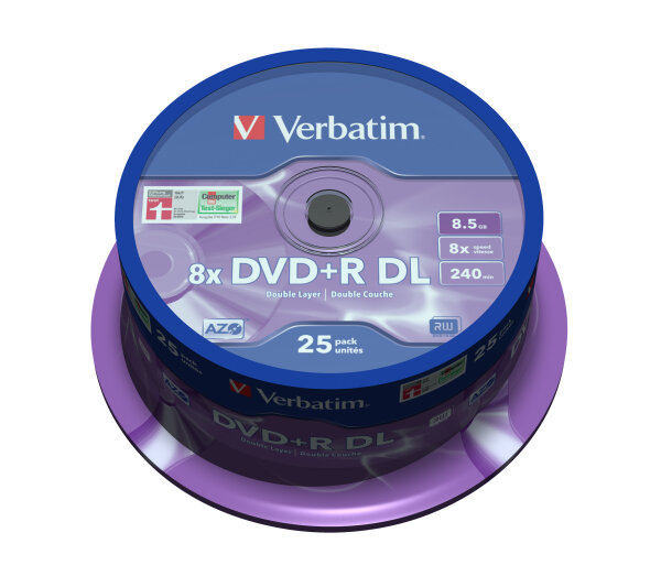 Verbatim DVD+R DL Rohlinge 8.5GB 8x Speed Double Layer 25 Stück Cake-Box