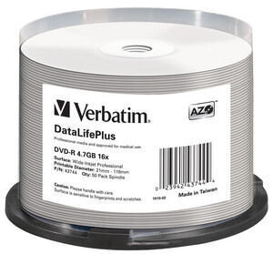 DVD-R  Verbatim 4,7GB 50pcs Spin Wide printable no-ID 16x