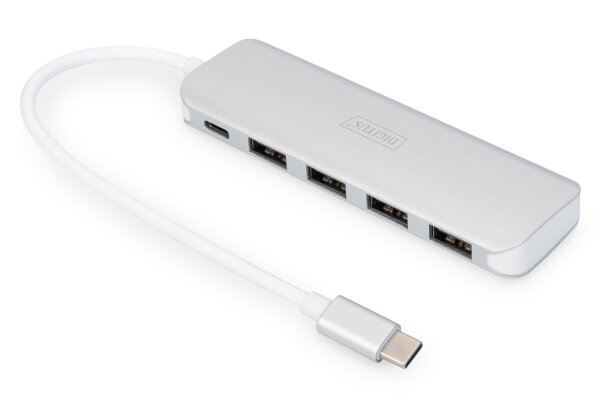 DIGITUS USB-C-Hub  4-Port 3.0->4xA3.0 1xC-PD intgr.Kabel wei