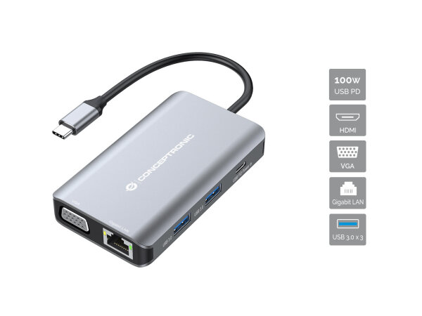 CONCEPTRONIC  7-1 Dock USB-C->HDMI/3xUSB-A/VGA/+     25cm gr