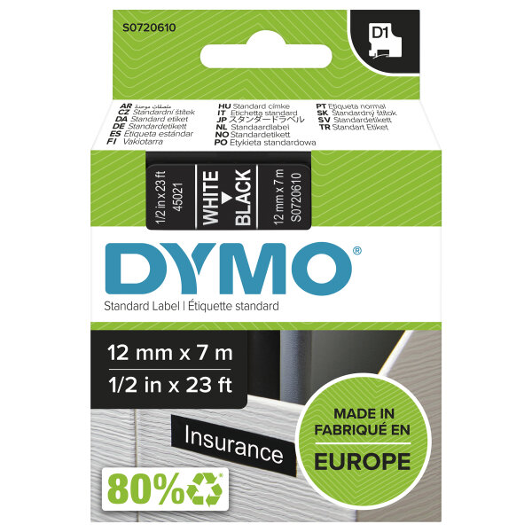 DYMO D1  Schriftband 45021  12mmx7.0m weiß   ->schwarz