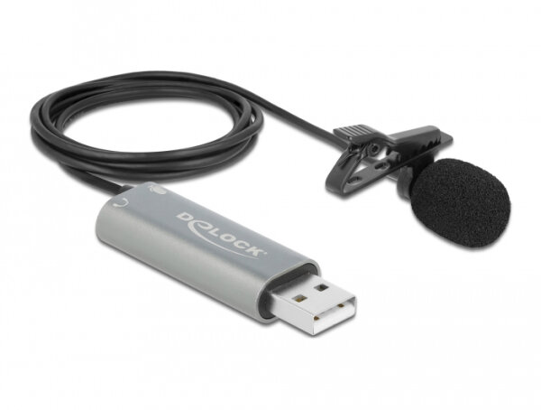 DeLOCK USB Krawatten Lavalier Mikrofon Omnidirektional 24 Bit / 192 kHz mit Clip und 3,5 mm Stereoklinken-Kopfhöreranschluss