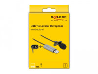 DeLOCK USB Krawatten Lavalier Mikrofon Omnidirektional 24 Bit / 192 kHz mit Clip und 3,5 mm Stereoklinken-Kopfhöreranschluss