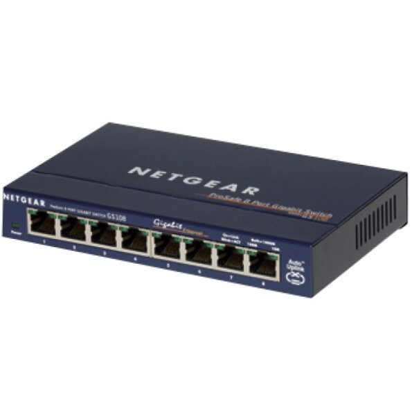 Netgear GS108GE ProSafe Gigabit Desktop Switch 8 Port unmanaged lüfterlos 8x R45 10/100/1000Mbit/s blau