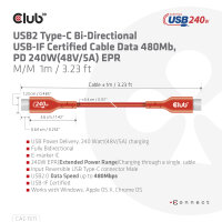 Club3D Kabel   USB 2   Typ C  PD 240W / 480Mb       4m St/St retail
