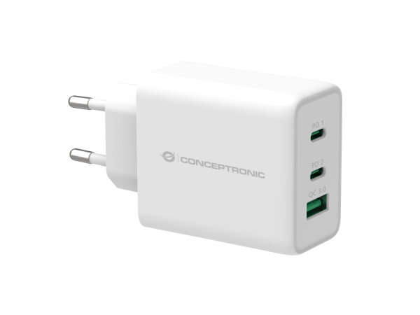 Conceptronic 3-Port Ladegerät 2x USB Typ-C / 1x USB Typ-A PD 65W PD3.0 Überlastschutz weiß