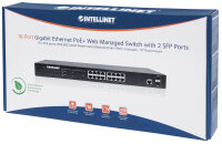 Intellinet 16-Port Gigabit Ethernet PoE+ Web-Managed Switch mit 2 SFP-Ports, IEEE 802.3at/af Power over Ethernet (PoE+/PoE)-konform, 220 W, Endspan, PDM-Funktion, 19" Rackmount