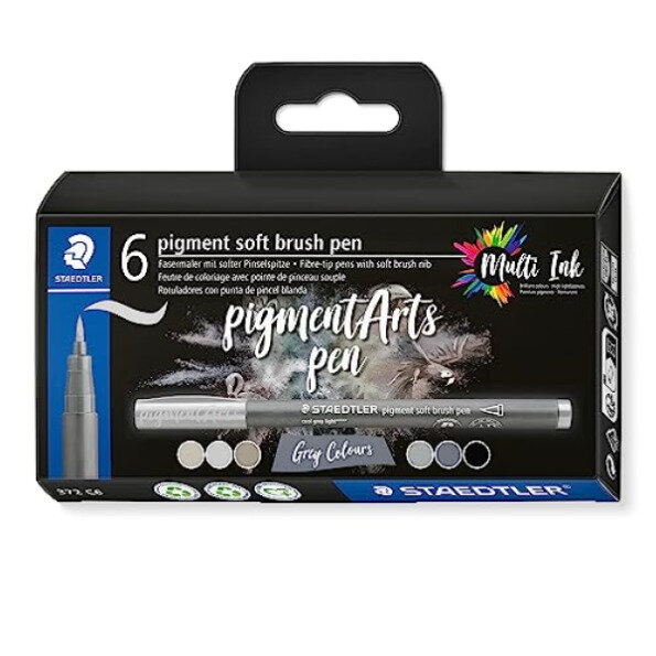 STAEDTLER MultiInk Pigment Arts soft brush pen 6-er Set grau retail