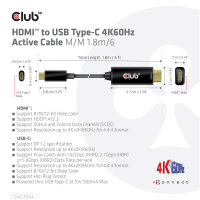 Club3D HDMI-Kabel A -> USB-C aktiv      4K60Hz       1,8m retail