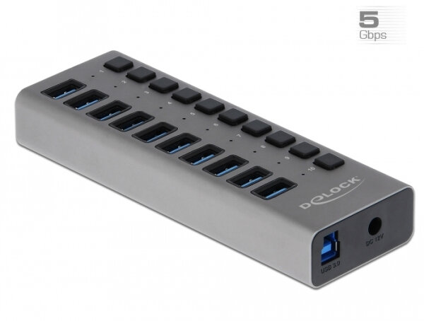 DELOCK Externer SuperSpeed USB Hub mit 10 Ports + Schalter