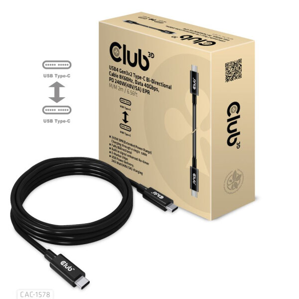 Club3D Kabel   USB 4   Typ C  PD 240W / 8K / 40Gbps 2m St/St retail