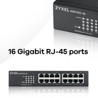 Zyxel GS1100-16 V3 Switch 16 Port Gigabit Unmanaged Metallgehäuse passiv gekühlt schwarz