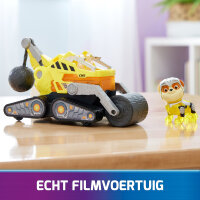 PAW Patrol : Der Mighty Kinofilm, Superhelden-Basis-Fahrzeug von Rubble mit Welpenfigur, Baustellenfahrzeug mit Licht- und Geräuscheffekten, Spielzeug geeignet für Kinder ab 3 Jahren