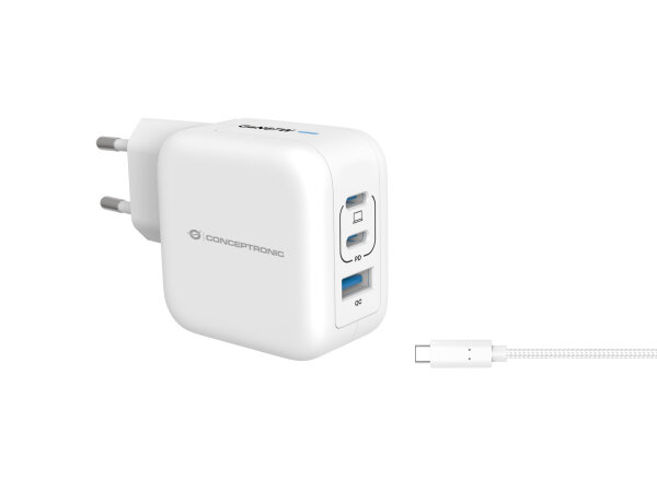 Conceptronic GaN Ladegerät 3-Port 67W 2x USB-C 3in1 USB-A PD weiß USBC Charger Power Delivery Schnelllader