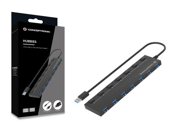 Conceptronic HUBBIES19BP 7-Port-USB 3.0-Hub mit Netzteil, 90 cm Kabel, einzelner Netzschalter, USB 3.2 Gen 1