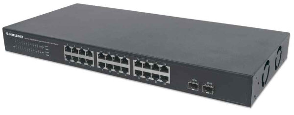 Intellinet 24-Port Gigabit Ethernet Switch mit 2 SFP-Ports, 24 x 10/100/1000 Mbit/s RJ45-Ports + 2 x SFP, IEEE 802.3az (Energy Efficient Ethernet), 19" Rackmount, Metall
