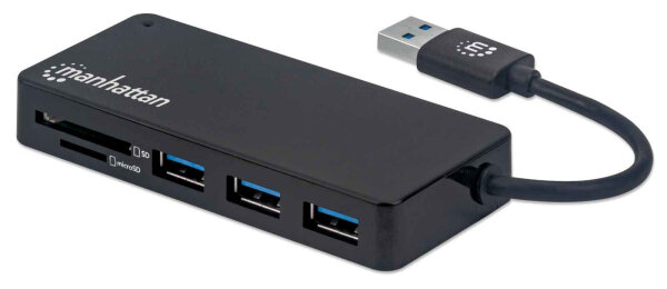 Manhattan 3-Port USB 3.2 Gen 1 Hub mit Card Reader, USB-A-Stecker auf 3 x USB-A-Buchse und SD/MicroSD Card Reader, 5 Gbit/s Datenübertragungsraten, Stromversorgung über USB, schwarz