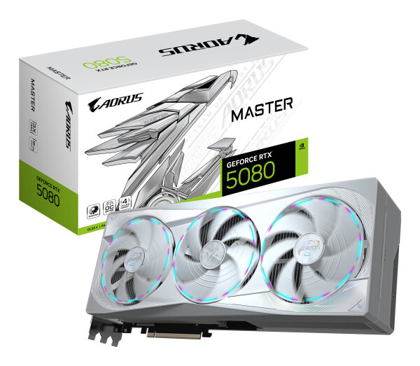 GIGABYTE AORUS GeForce RTX 5080 MASTER ICE 16G Grafikkarte - 16GB GDDR7, 256 Bit, PCI-E 5.0, 2805MHz Core Clock, 3 x DP 2.1a, 1 x HDMI 2.1b, NVIDIA DLSS 4, GV-N5080AORUSM ICE-16GD