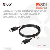 CLUB3D DisplayPort™ 2.1 Bi-Direktionales VESA DP80 zertifiziertes Kabel 4K240Hz, 8K60Hz oder 10K60Hz M/M 1.6m