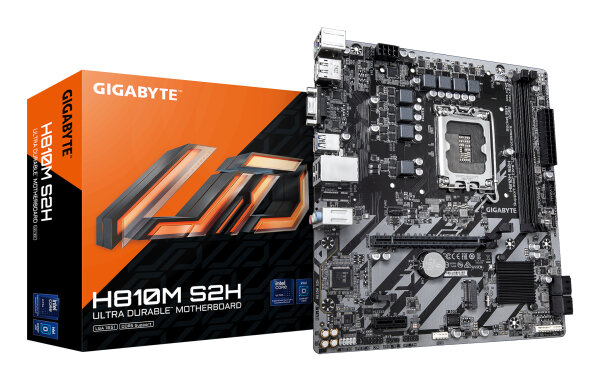 GIGABYTE H810M S2H Mainboard – Intel Core Ultra (Serie 2) CPUs, 4+1+2 Phasen VRM, bis zu 6400 MHz DDR5, 1xPCIe 4.0 M.2, 1GbE LAN, USB 3.2 Gen 1
