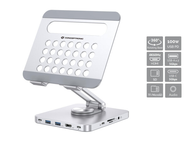 Conceptronic DONN26G Tablet-Ständer mit 8-in-1-Dockingstation, 360° drehbare Basis, faltbar, höhenverstellbar