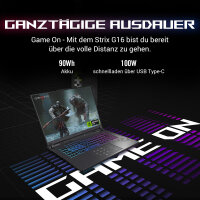 ASUS ROG Strix G16 G614JV-N4513W Intel® Core™ i9 i9-13980HX Laptop 40,6 cm (16") WQXGA 32 GB DDR5-SDRAM 1 TB SSD NVIDIA GeForce RTX 4060 Wi-Fi 6E (802.11ax) Windows 11 Home Deutsch Grau