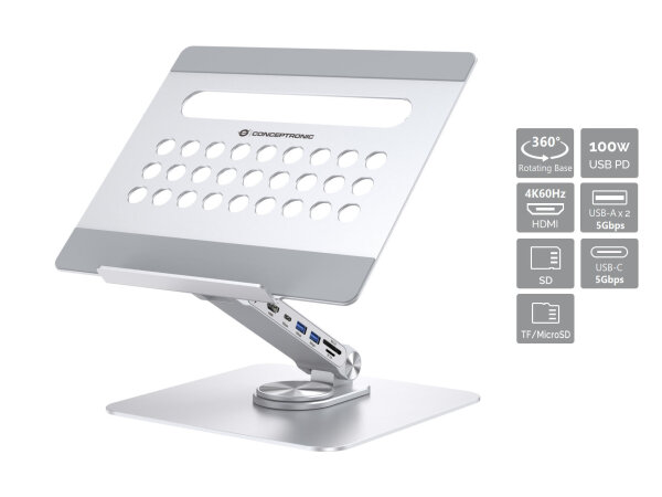 Conceptronic DONN27G Laptop-Ständer mit 7-in-1-Dockingstation, 360° drehbare Basis, faltbar, höhenverstellbar