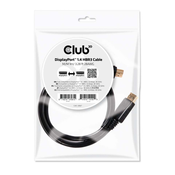 Club3D DisplayPort-Kabel 1.4 HBR3 32,4Gb/s   1m 8K60Hz St/St Polybeutel