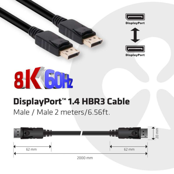 Club3D DisplayPort-Kabel 1.4 HBR3 32,4Gb/s   2m 8K60Hz St/St Polybeutel