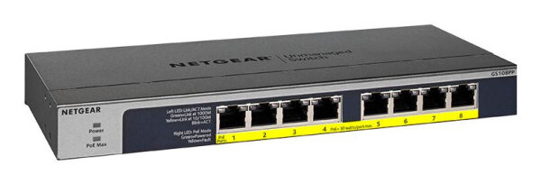 Netgear ProSAFE GS108PP Desktop Gigabit Switch 8-Port RJ45 123W PoE+ IGMPv3 schwarz