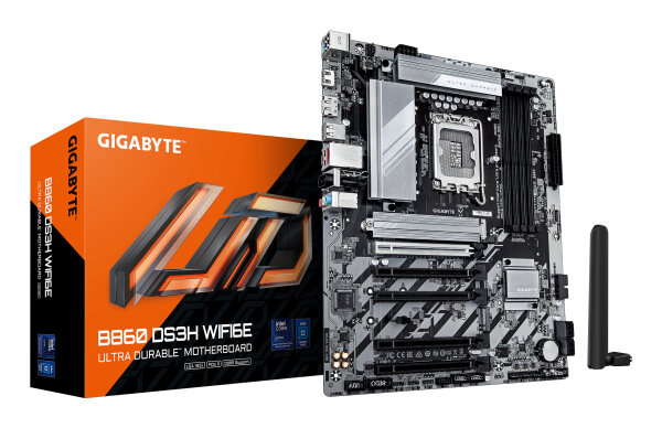 GIGABYTE B860 DS3H WIFI6E Mainboard - Intel Core Ultra CPUs, 8+1+2+2 Phasen VRM, bis zu 9066MHz DDR5, 1xPCIe 5.0 + 1xPCIe 4.0 M.2, 2,5 GbE LAN, WIFI 6E, USB 3.2 Gen 2x2
