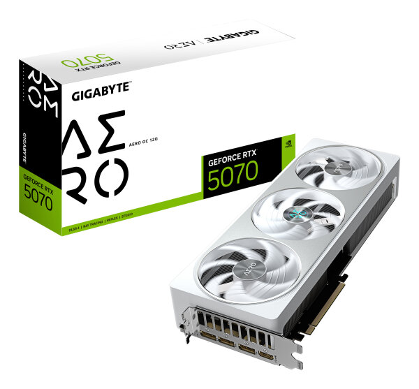 GIGABYTE GeForce RTX 5070 AERO OC 12G Grafikkarte - 12GB GDDR7, 192 Bit, PCI-E 5.0, 2625 MHz Core Clock, 3 x DP 2.1a, 1 x HDMI 2.1b, NVIDIA DLSS 4, GV-N5070AERO OC-12GD