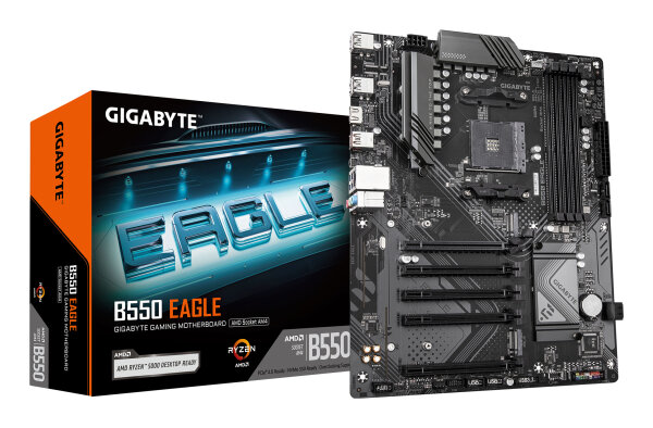 GIGABYTE B550 EAGLE Mainboard – AMD Ryzen 5000 G-Serie CPUs, 10+3+1 Phasen VRM, bis zu 3200 MHz DDR4, 1xPCIe 4.0 + 1xPCIe 3.0 M.2, 1GbE LAN, USB 3.2 Gen 2