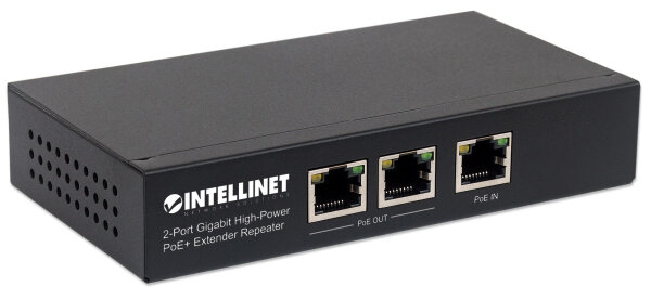 Intellinet 2-Port Gigabit High-Power PoE+ Extender, IEEE 802.3at/af PoE+/PoE, verlängert die Reichweite einer PoE-Verbindung um zusätzliche 100 Meter, 2 PSE-Ports, Metall