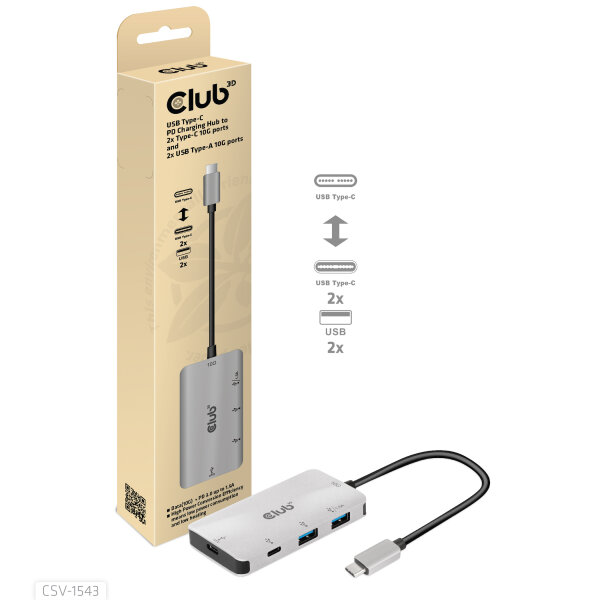 Club3D Adapter USB 3.1 Typ C > 2x USB C + 2x USB A Lade Hub retail